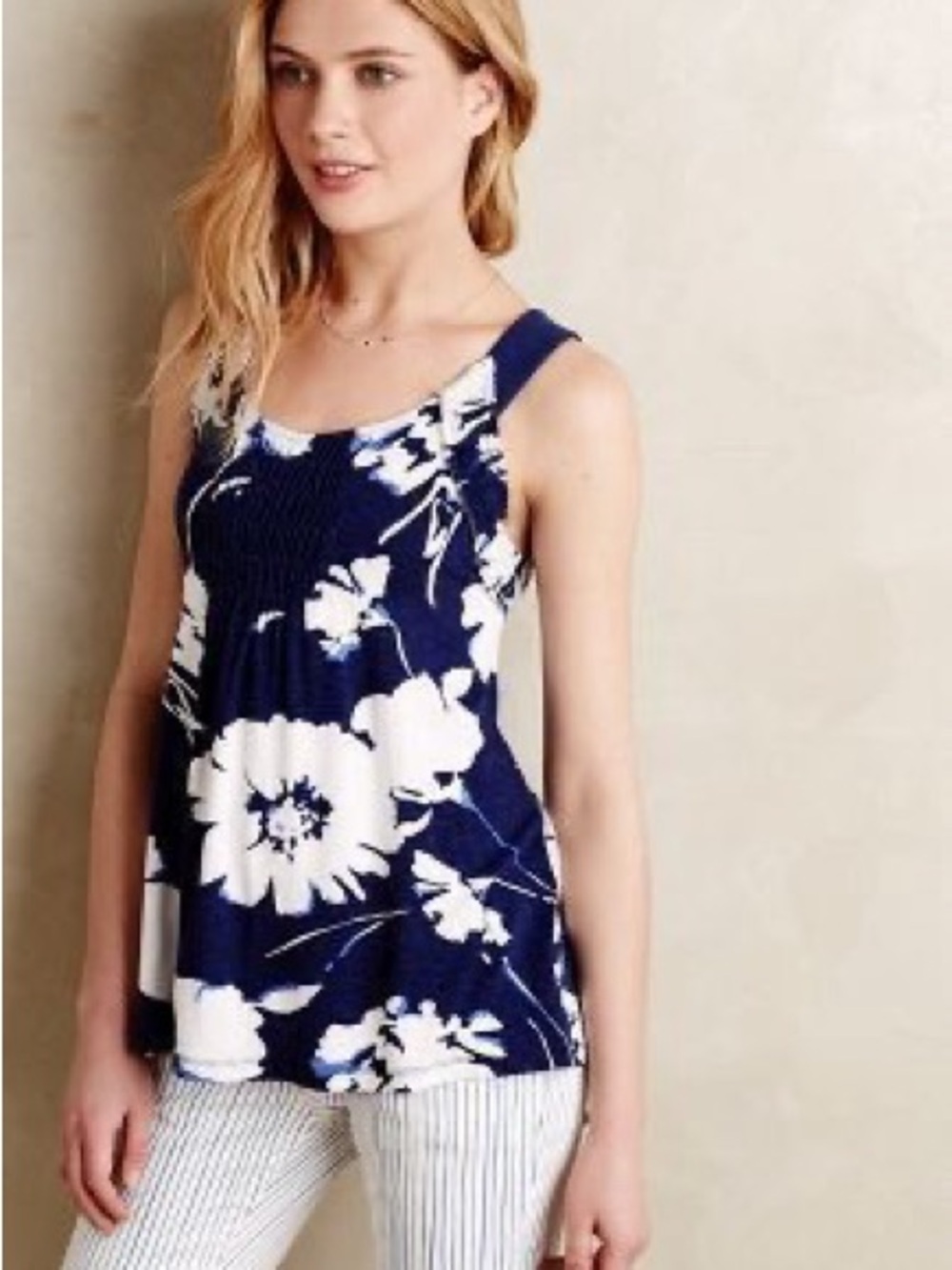 Anthropologie Navy & White Floral Shirred Tank